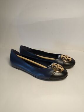 Tory Burch Navy Leather Ballet Flats with Black Cap Toe and Gold Logo